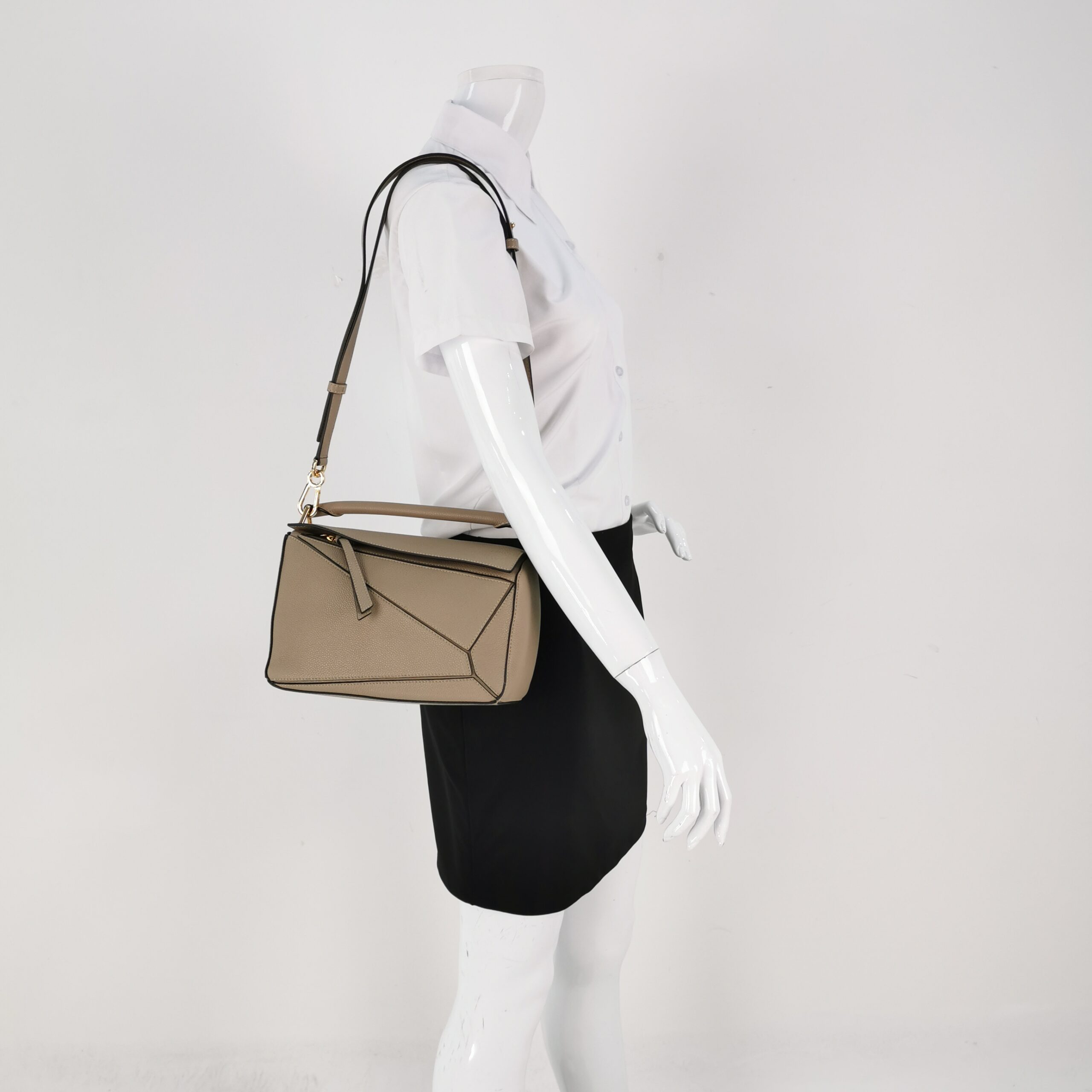 Loewe Taupe Grain Leather Puzzle Small Shoulder Bag with Gold Hardware view 2