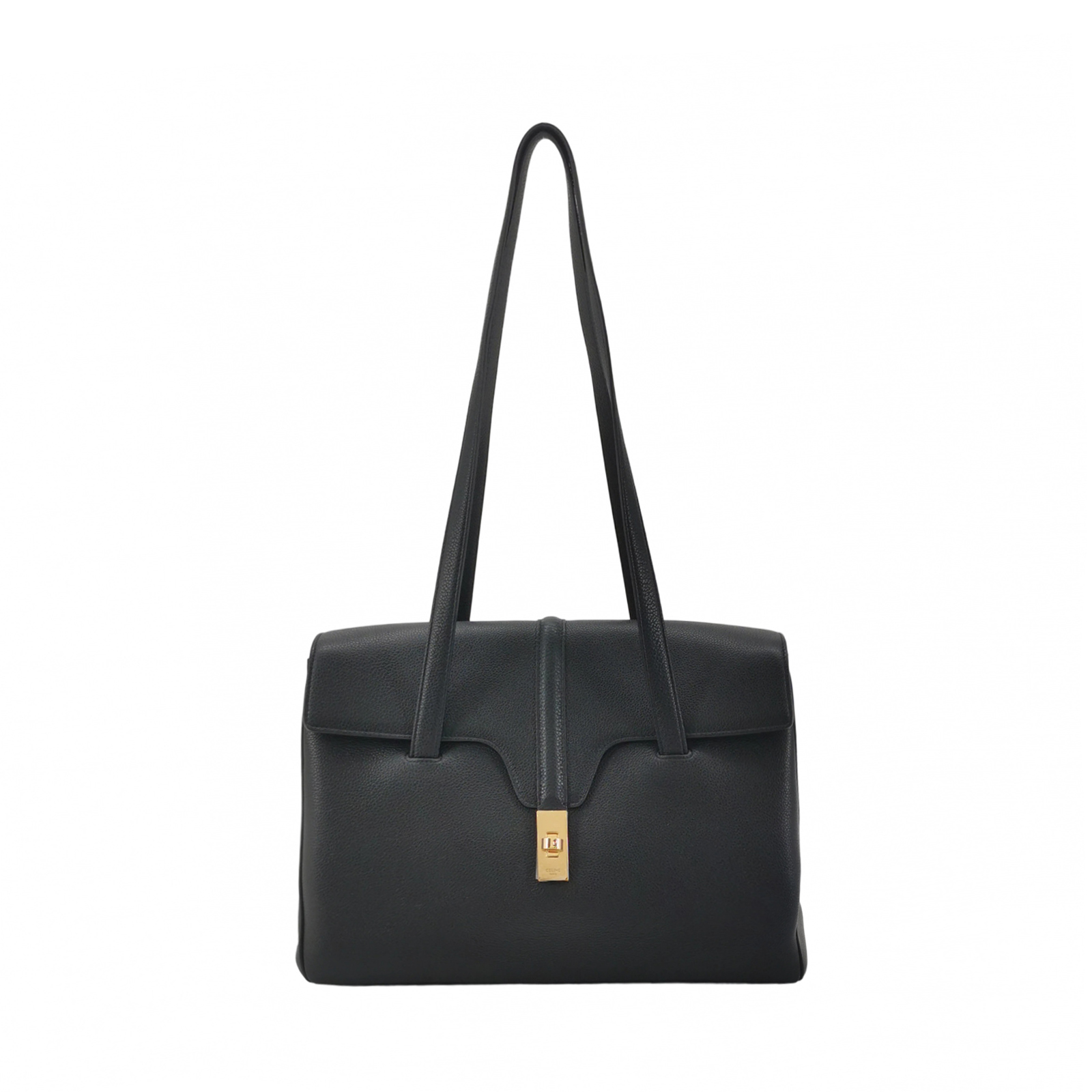 Celine Black Grained Calfskin Soft 16 Medium Shoulder Bag with Gold Hardware