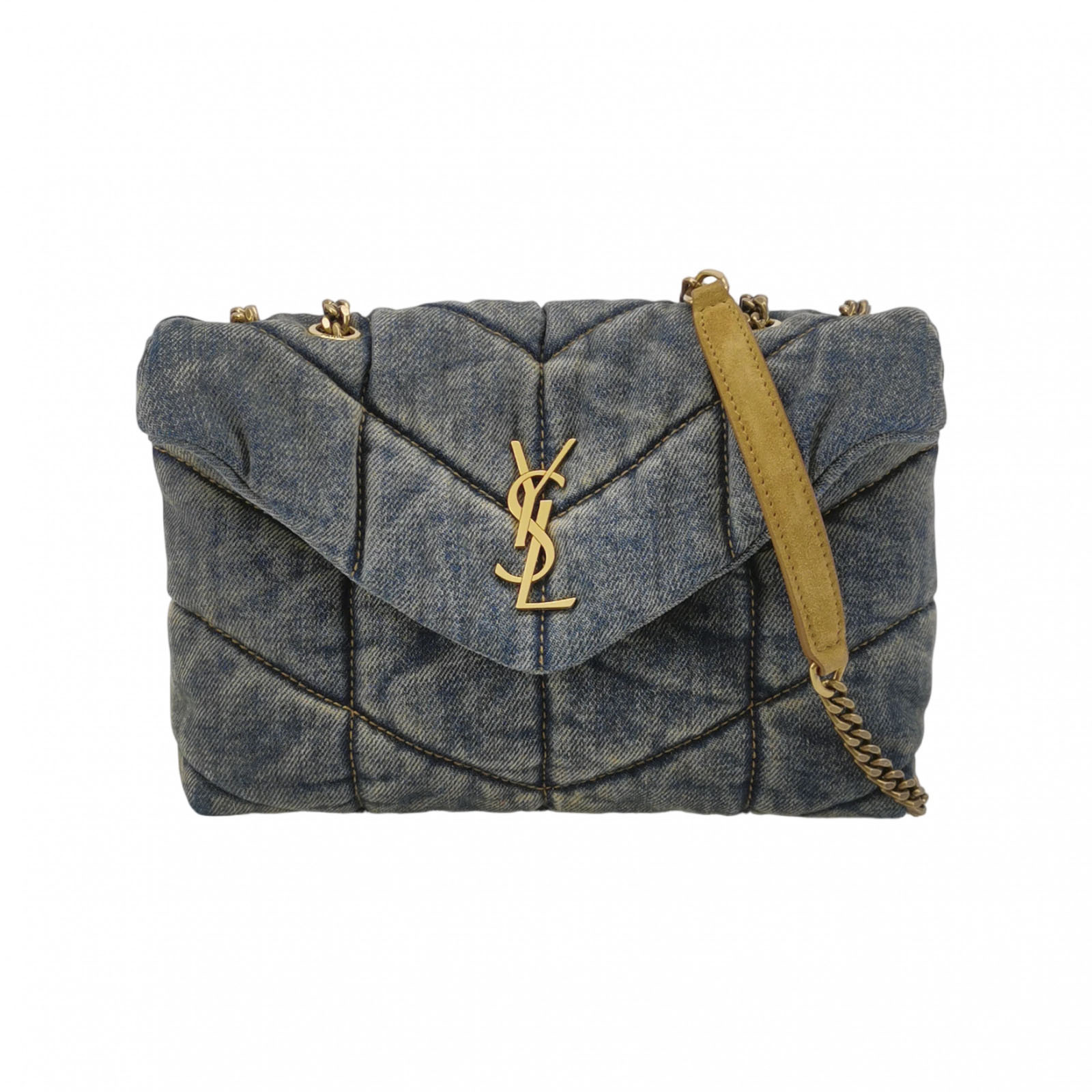 Saint Laurent Acid Wash Denim Loulou Small Shoulder Bag with Gold Hardware
