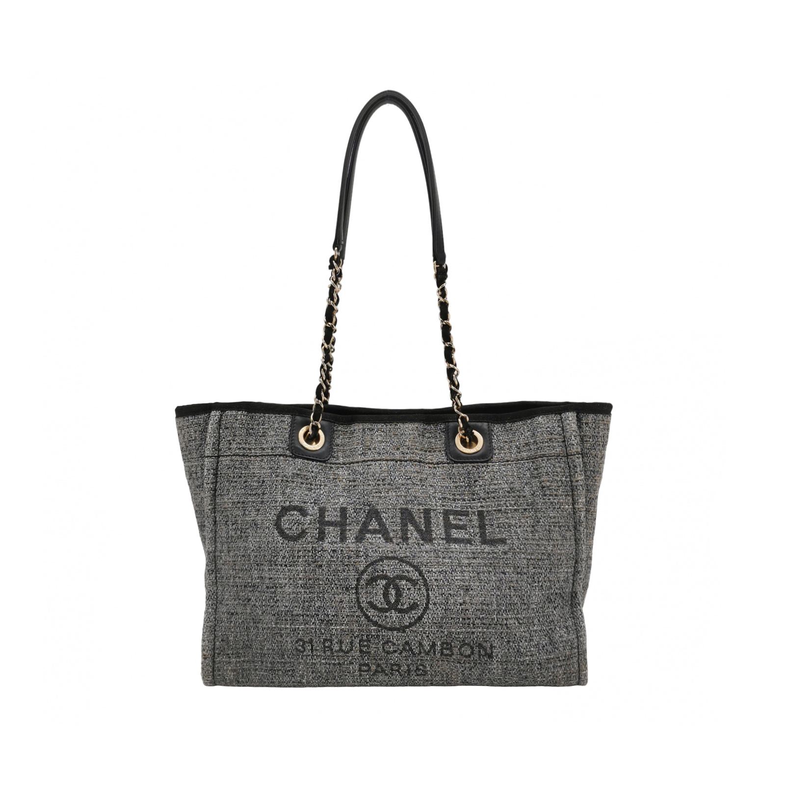 Chanel Deauville Tote in Grey Tweed and Leather with Large Logo