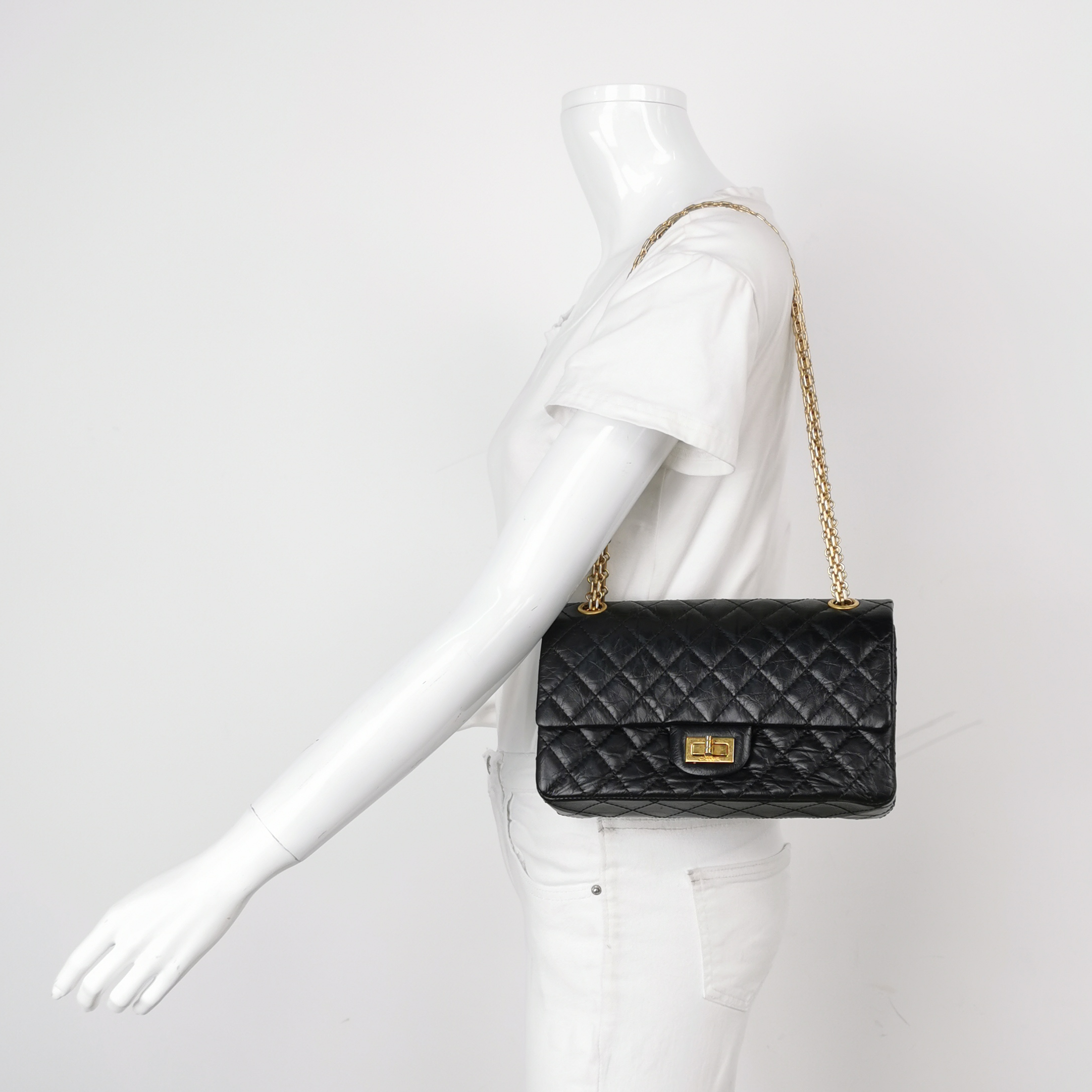 Chanel Classic Medium 2.55 Reissue Flag Bag in Black Oiled Calfskin with Aged Hardware view 2