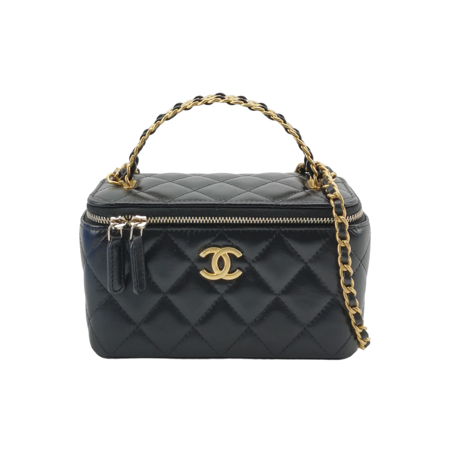 Chanel Black Quilted Leather Vanity Case Mini Shoulder Bag with Gold Hardware