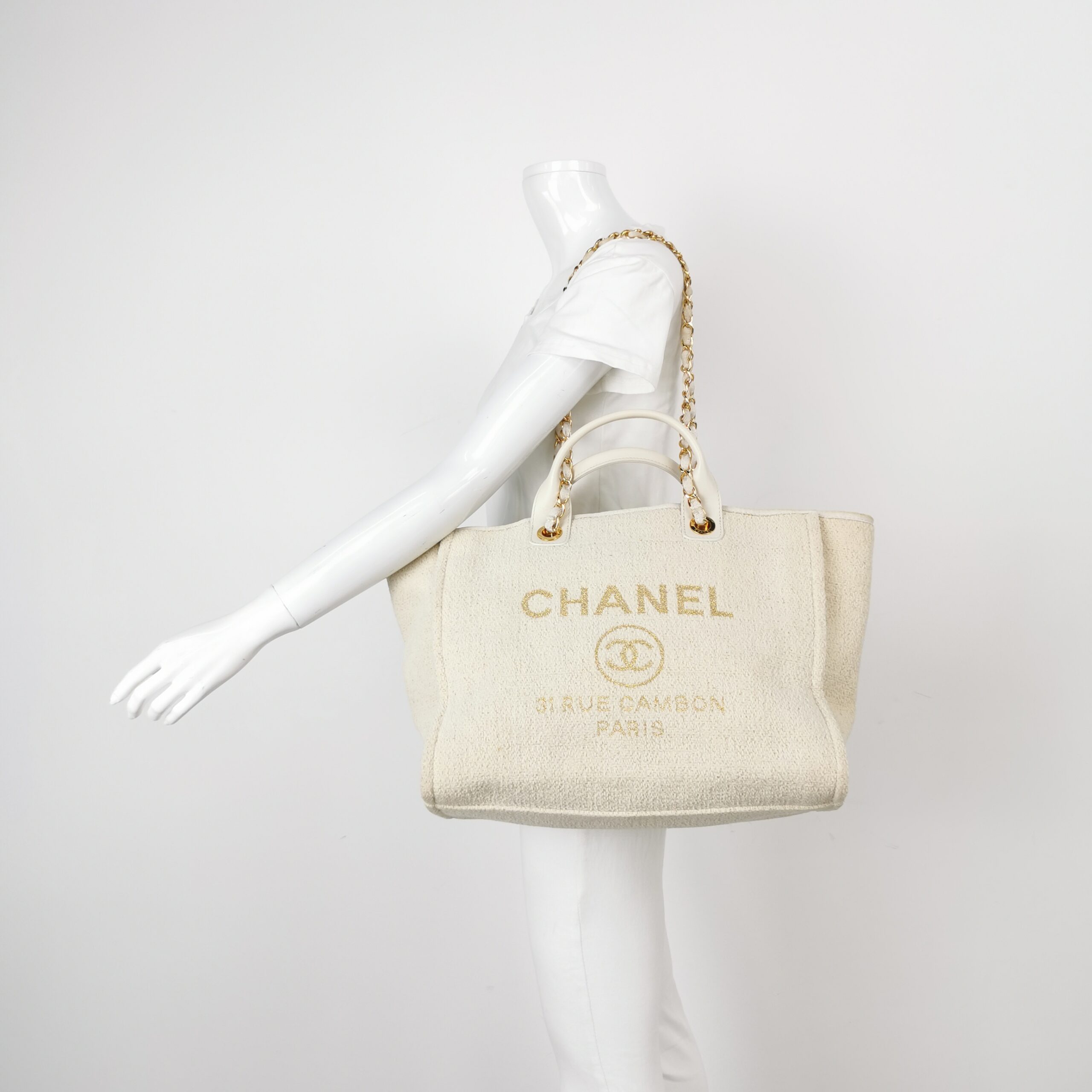Chanel Large Deauville Tote in Cream Leather and Tweed view 2