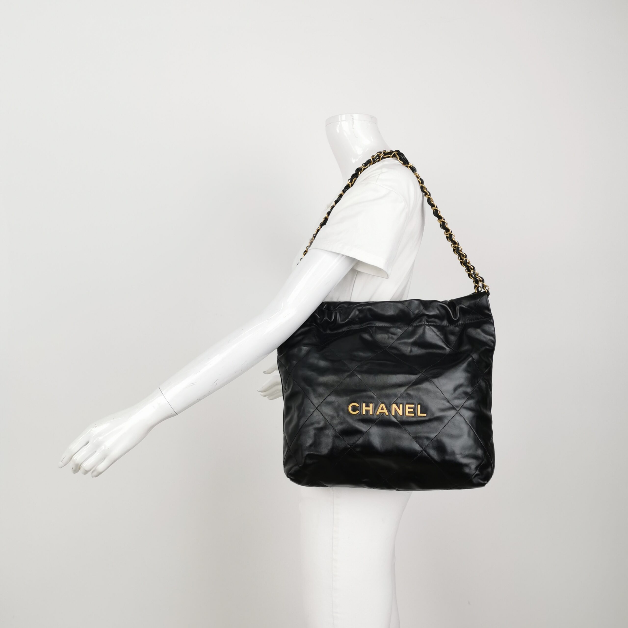 Chanel Small 22 Bag in Black Oiled Calfskin with Gold Hardware view 2