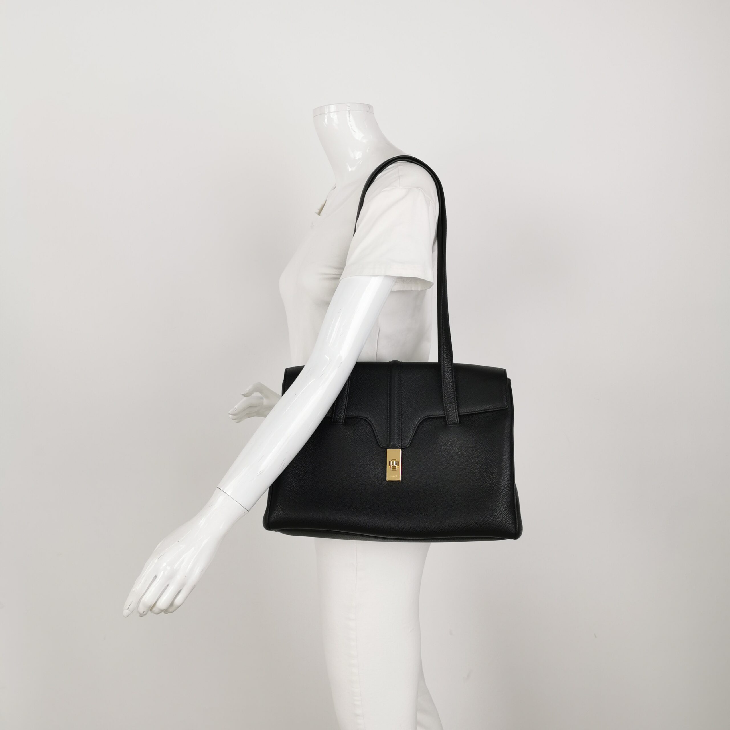 Celine Black Grained Calfskin Soft 16 Medium Shoulder Bag with Gold Hardware view 2