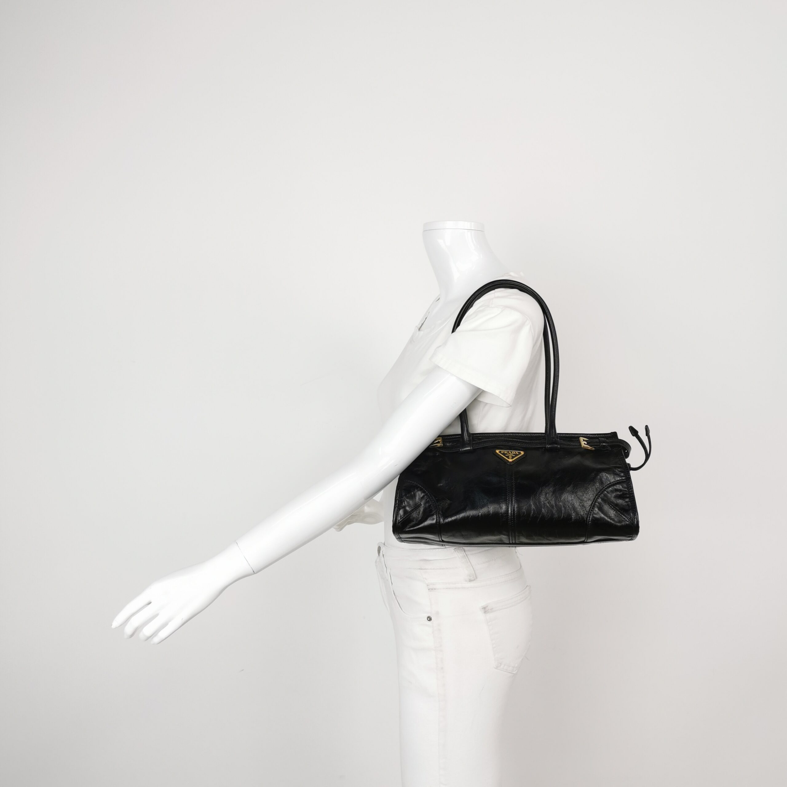 Prada Black Leather Shoulder Bag with Gold Hardware view 2