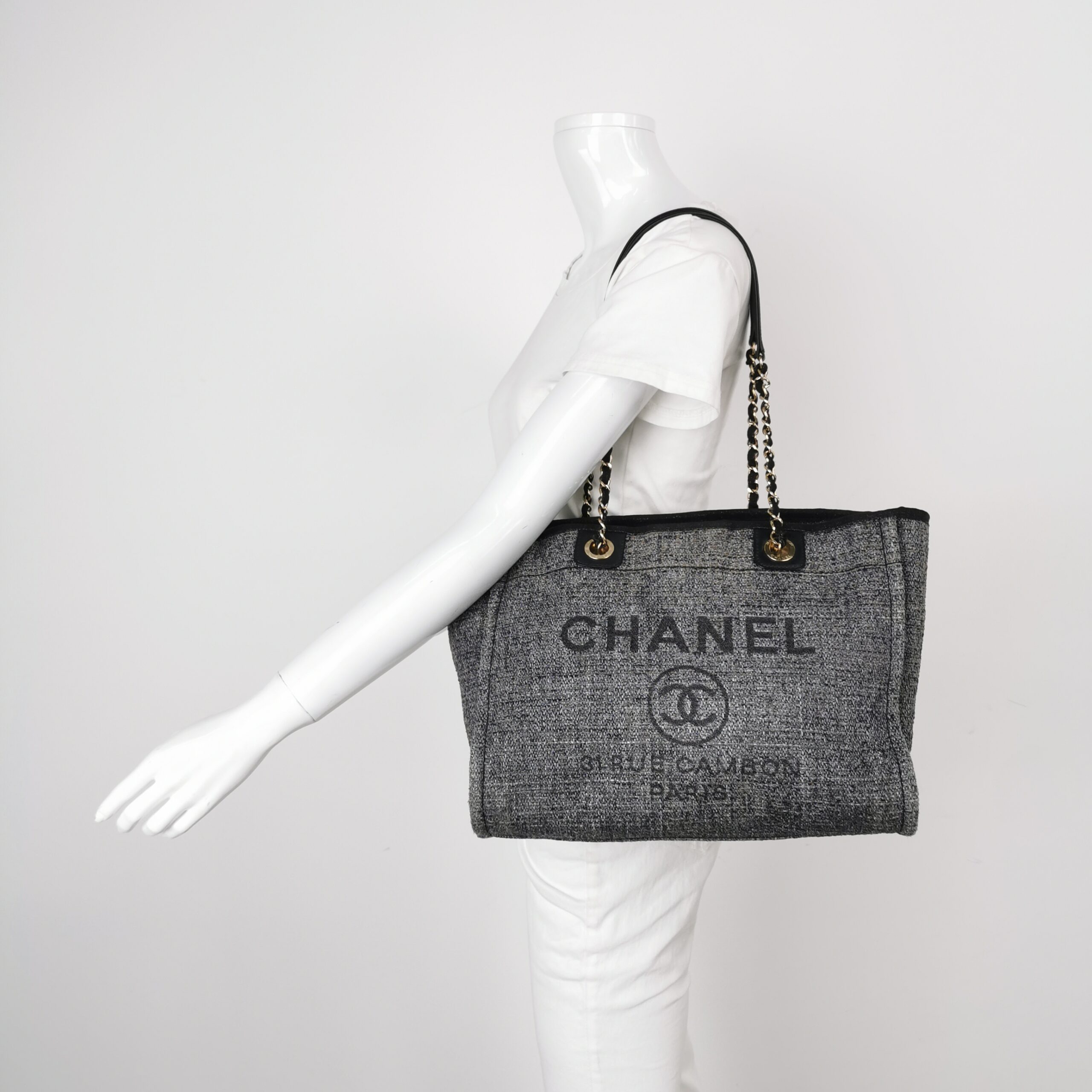 Chanel Deauville Tote in Grey Tweed and Leather with Large Logo view 2