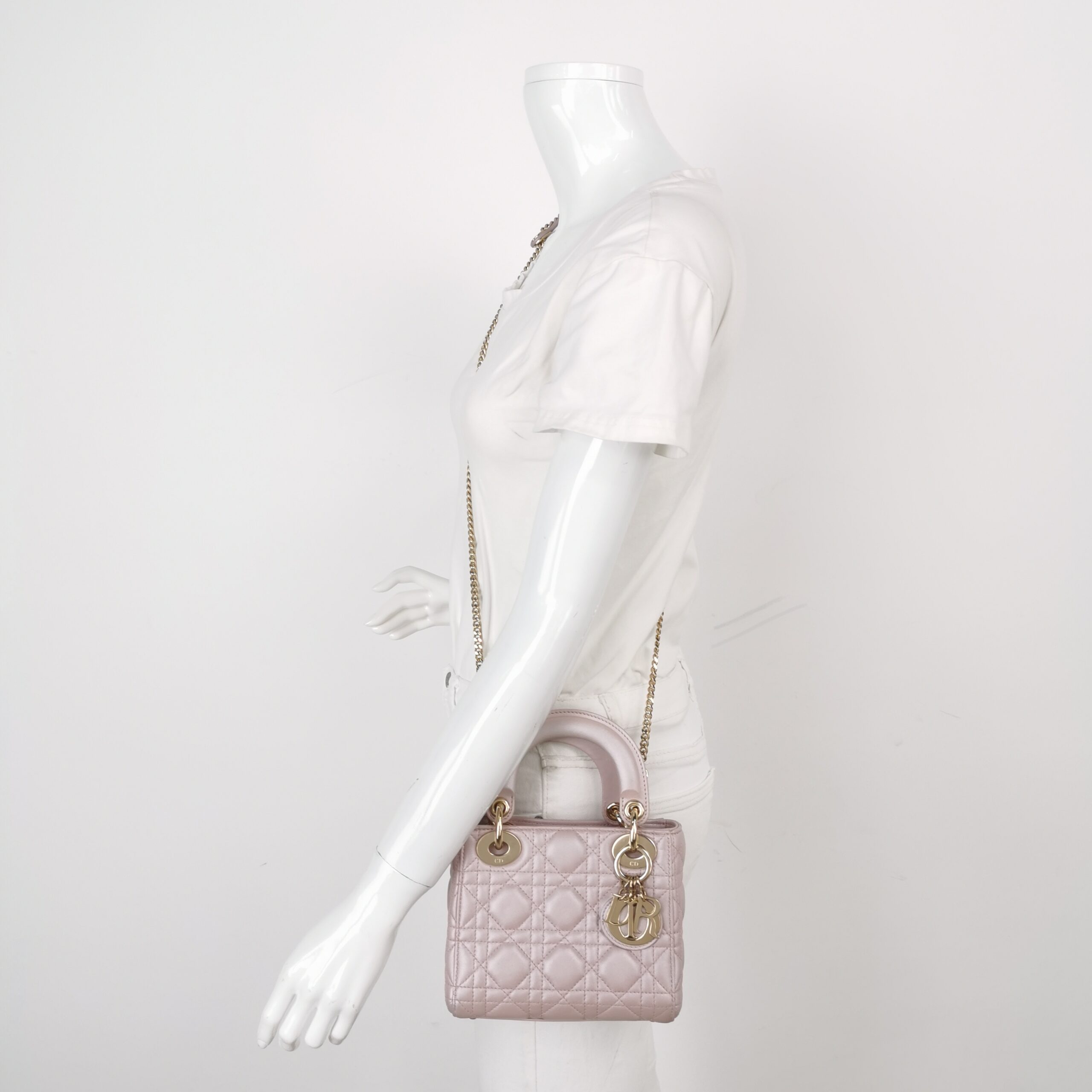 Dior Lady Dior Mini in Pink Lambskin with Cannage Quilting and Chain Strap view 2