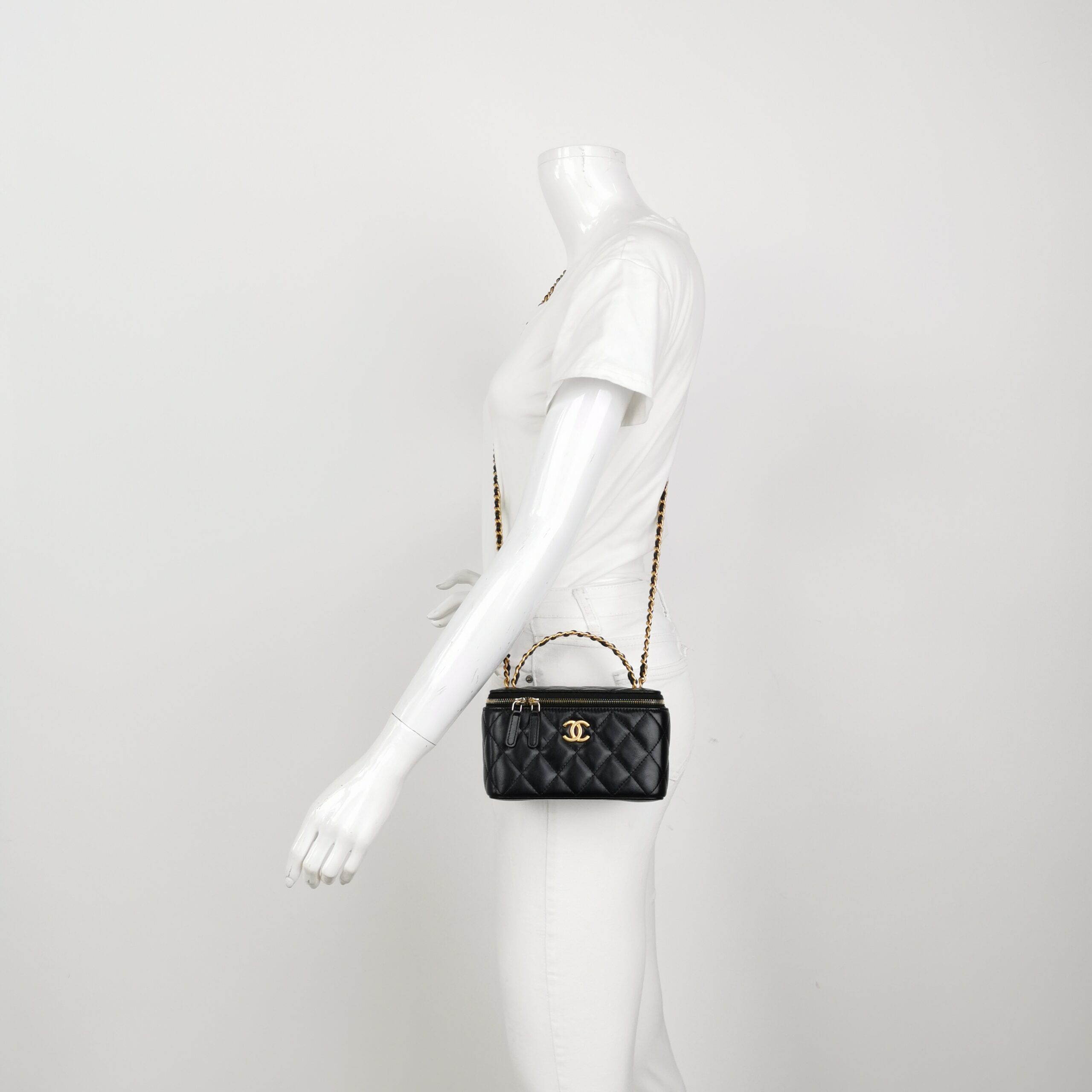 Chanel Black Quilted Leather Vanity Case Mini Shoulder Bag with Gold Hardware view 2